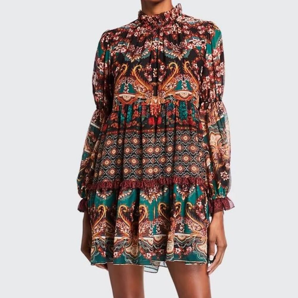 Alice + Olivia Marella Paisley Mock-Neck Blouson-Sleeve Tunic Dress Boho 4